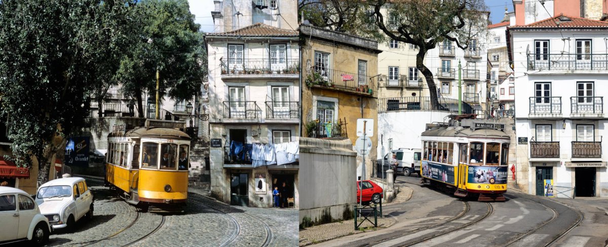 O mesmo sítio, apenas com alguns anos de diferença. À esquerda, o elétrico nº 733 vira na Rua das Escolas Gerais vindo da Travessa São Tomé em 06/10/1982; à direita, o elétrico nº 547 em 15/04/2014.
