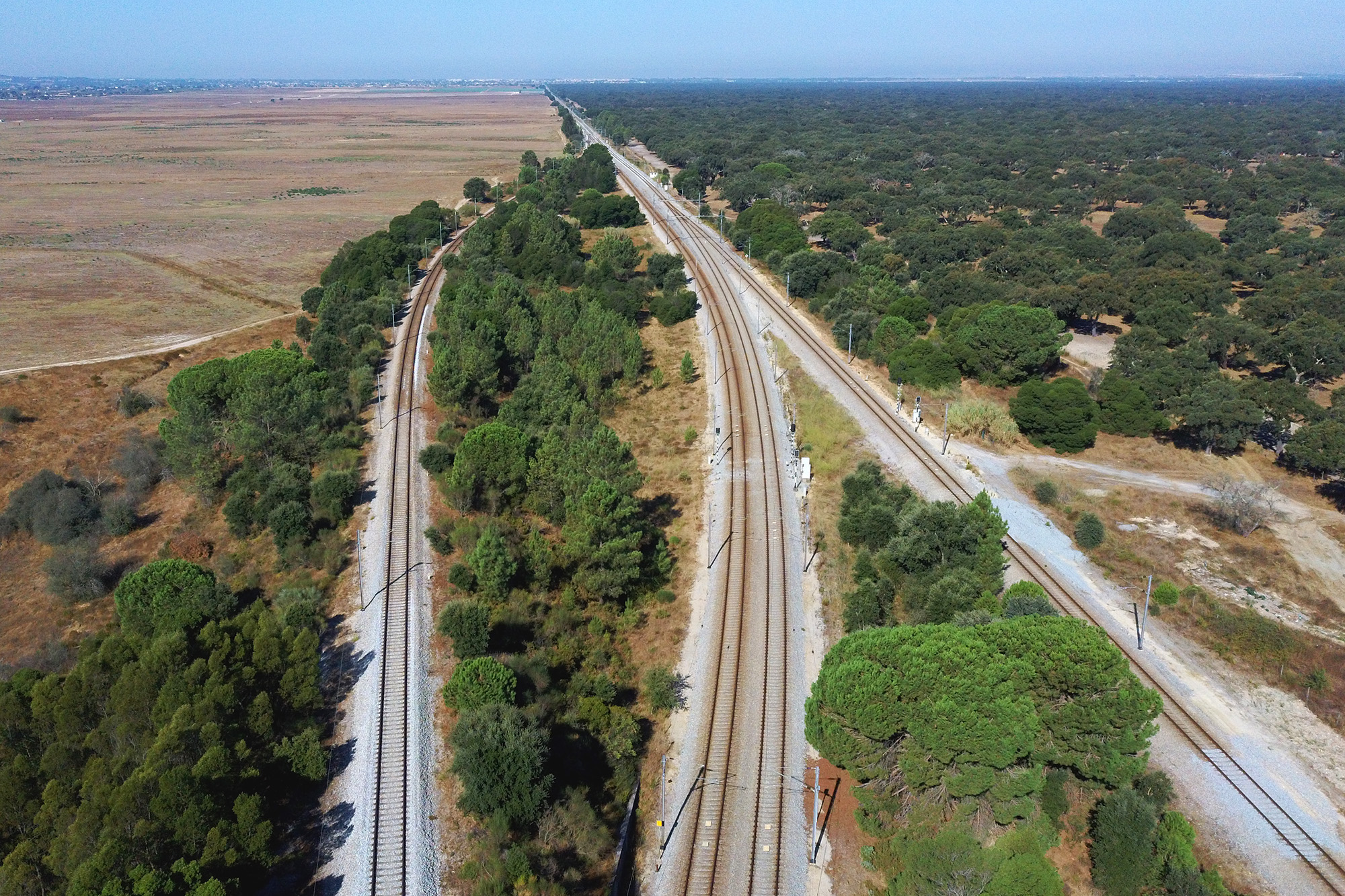 Vista para o lado do Pinhal Novo, com a Concordância do Poceirão a entrar no meio das duas vias da linha do Alentejo